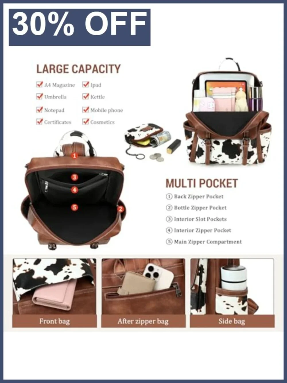 Faux Leather Backpack Purse for Women Large Travel Shoulder Bag